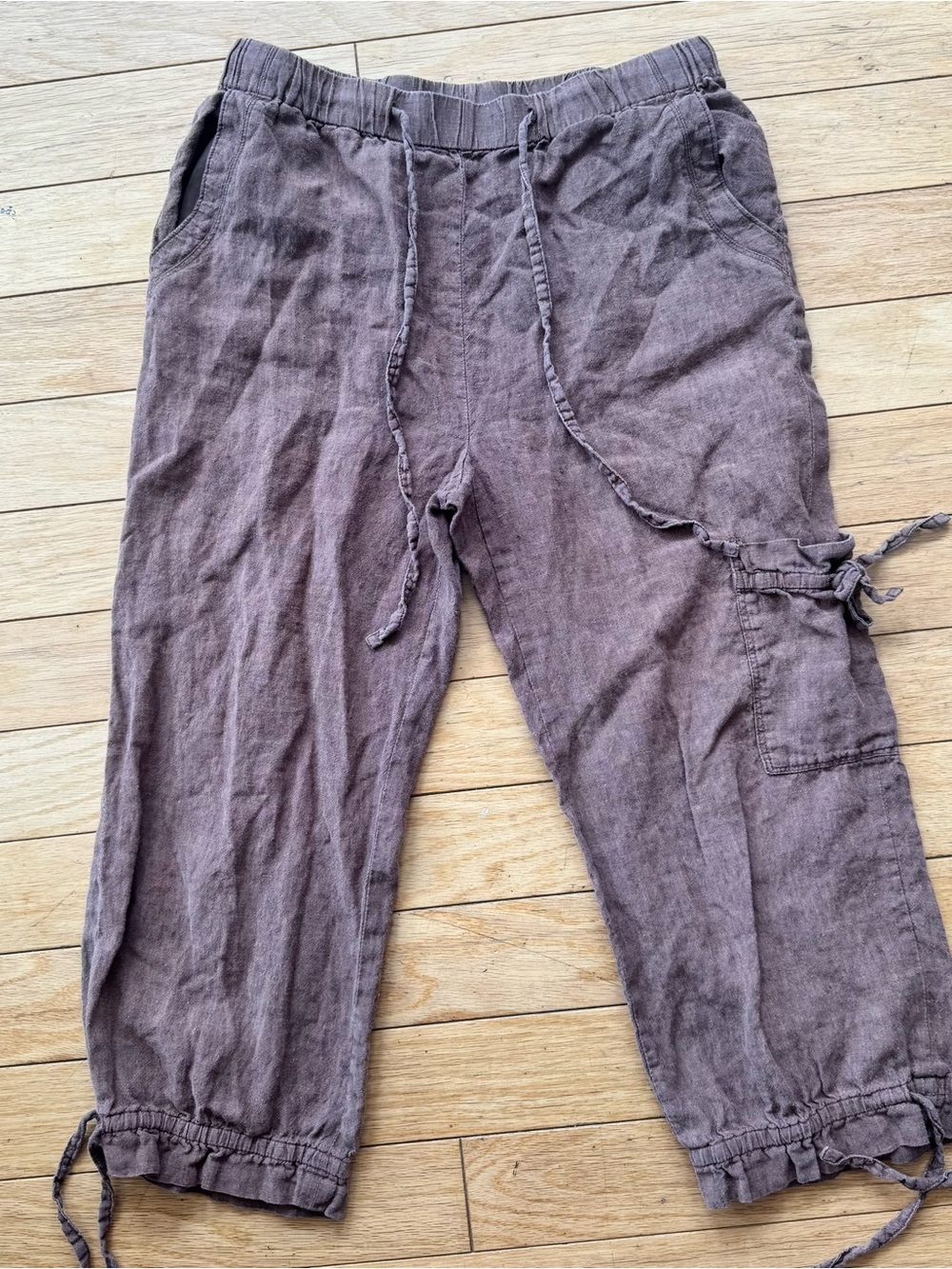 Brown Linen Y2K Cargo Capri Pants Adjustable Tie Hem Size 4